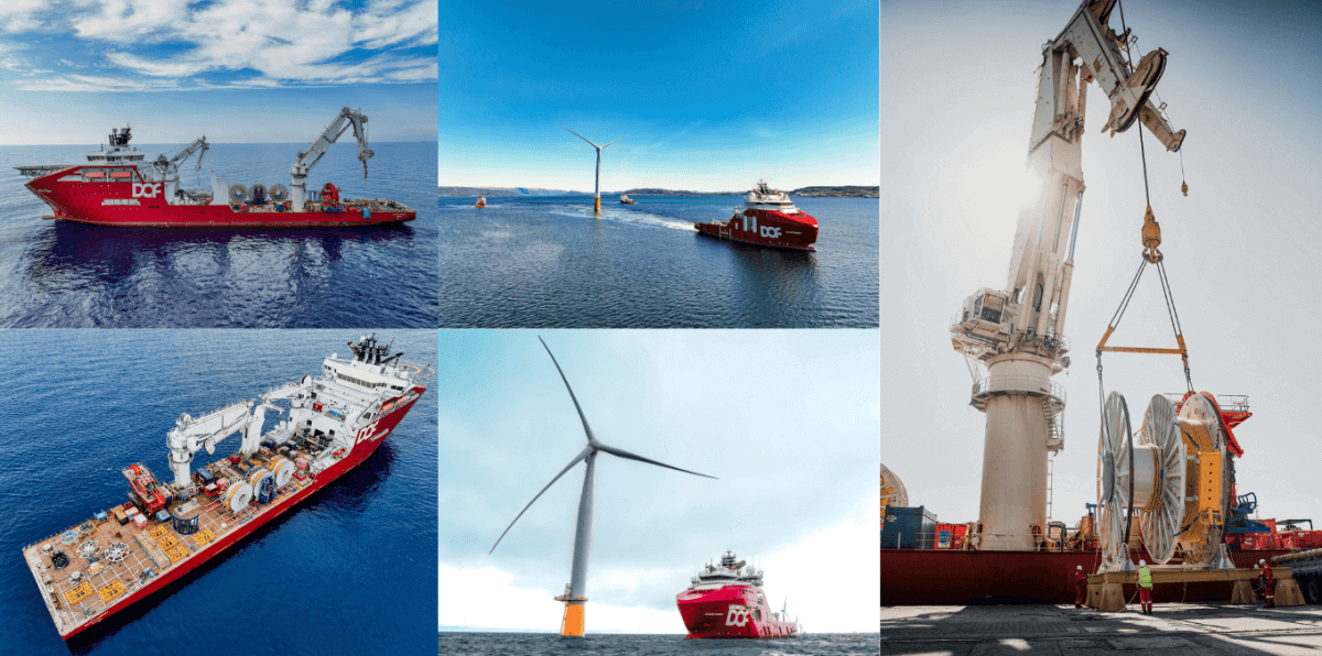 Photographs of offshore vessels towing floating wind turbines and performing construction operations. Taken by energy insider videography team