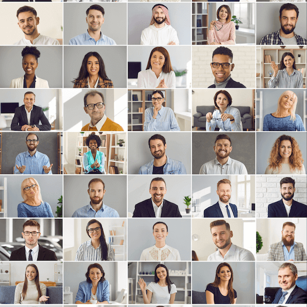 Collage of multiple diverse face of people in renewable energy